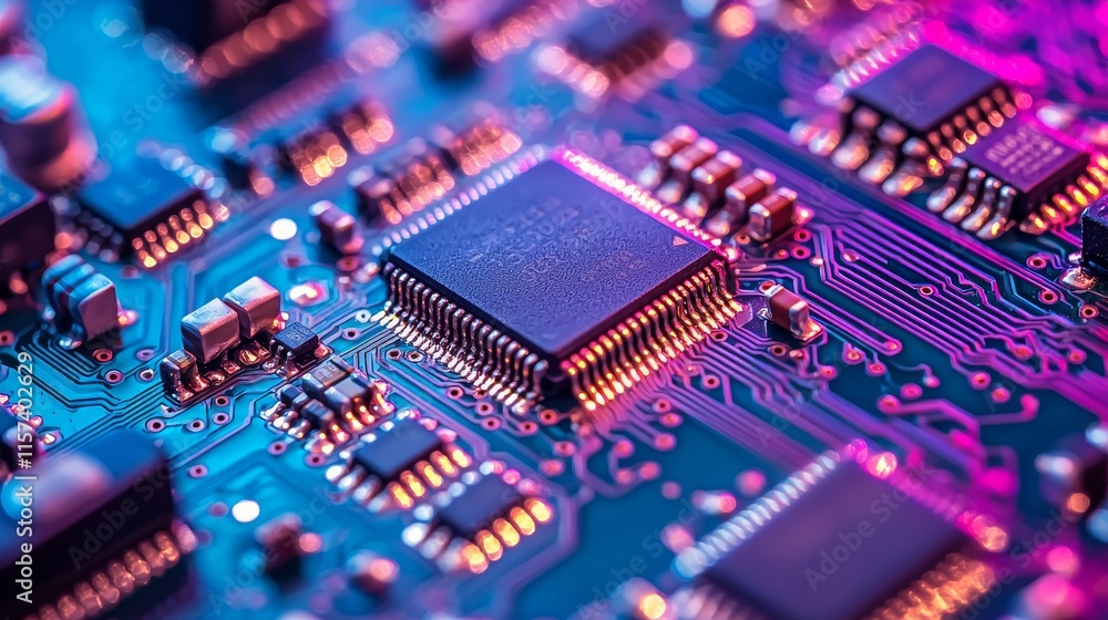 Aufkleber a close-up view of a colorful circuit board featuring microchips and intricate electronic components