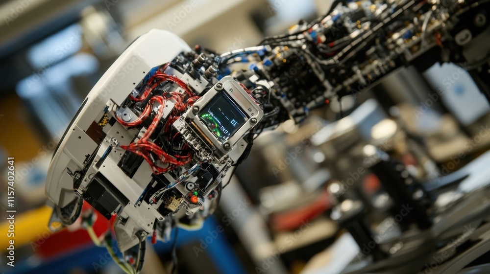 Poster a closeup of an industrial robots arm with sensors and cameras that facilitate remote operation pois