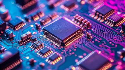 Obraz premium A close-up view of a colorful circuit board featuring microchips and intricate electronic components, showcasing modern technology.