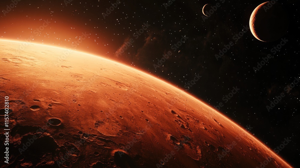 Poster astounding celestial view of mars surrounded by other planets and stars in a cosmic background