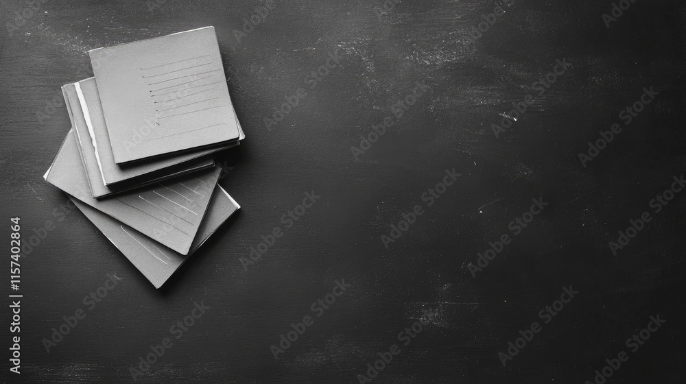 Poster monochrome flat lay of stacked notebooks on a blackboard with chalk space for an inspirational to-do