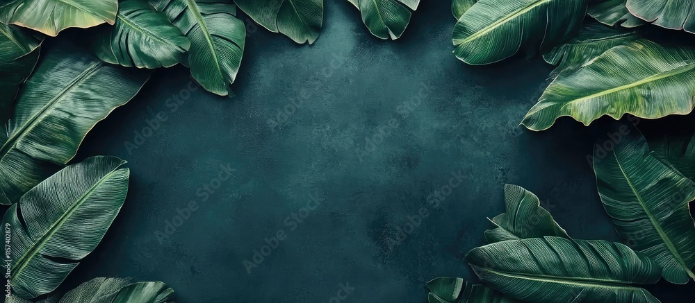 Poster tropical banana leaves texture on dark background with empty space for creative text or design eleme