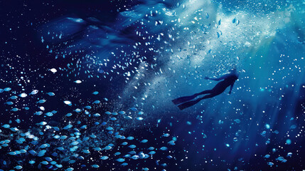 Naklejka premium A freediver descending into the deep blue ocean surrounded by shoals of shimmering fish