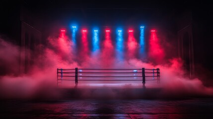 Dramatic boxing ring with red and blue lights for sports event promotion