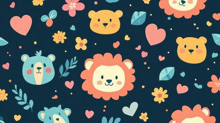 Adorable Animal Faces Floral Hearts Pattern Design Dark Background