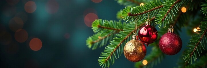 Pine branches with colorful mercury glass ornaments, festive, pine