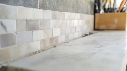 Detailed close-up of the installation process of elegant marble tiles on a kitchen wall showcasing craftsmanship and texture