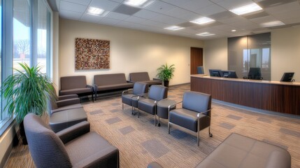 Fototapeta premium Modern office interior design featuring a stylish waiting area with comfortable seating and natural light elements
