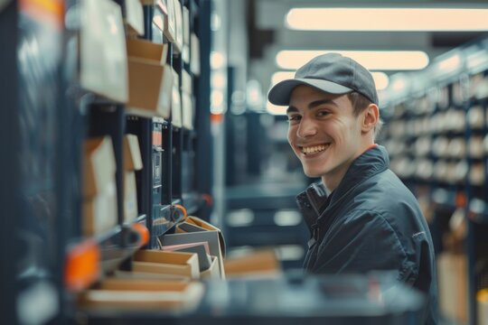 Portrait of a smiling young male postman sorting in a post office
