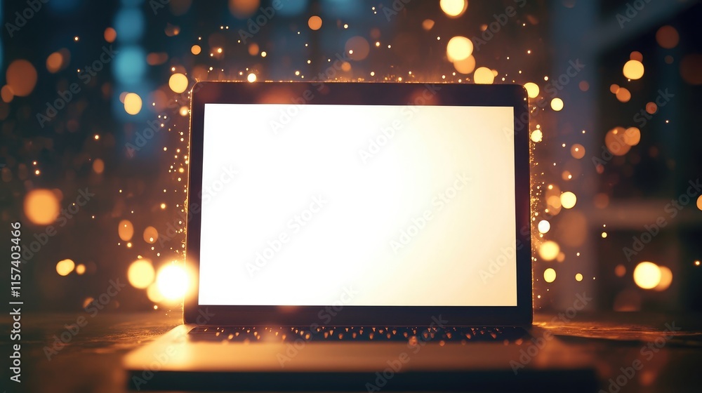 Poster laptop with blank screen illuminated by shimmering light particles creating a magical and vibrant at