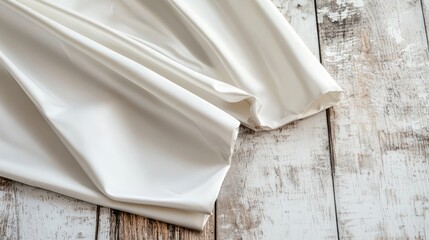 Home office workspace with a mockup blank laptop on wooden table and crumpled white fabric background for creative design presentations