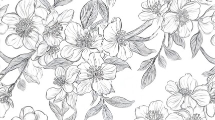 Fototapeta premium Detailed black and white line drawing of blooming flowers and leaves