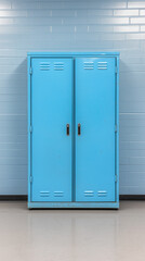 Two-Door Light Blue Metal Locker Against Brick Wall