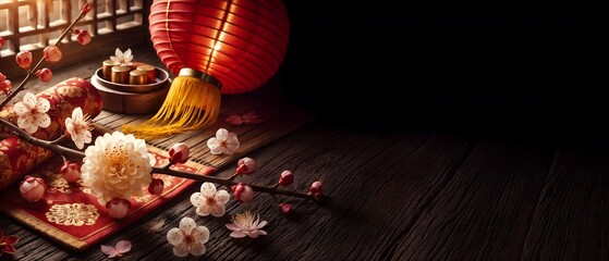 Naklejka premium Traditional red lantern on a rustic wooden table. pink flower plum blossoms, symbolizing good fortune, Chinese Lunar New Year celebration. banner free copy space.