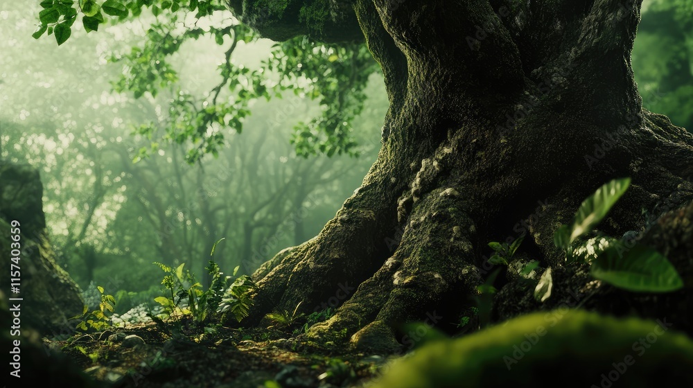 Aufkleber majestic ancient tree in misty forest with vibrant moss and dreamy bokeh effect creating a serene na