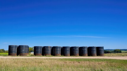 Obraz premium Large Black Barrels Aligned on Farm Field Under Bright Blue Sky Landscape