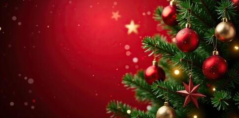 Red and gold Christmas tree decorated with ornaments hanging snowflake star in the background, festive, snowflake, tree