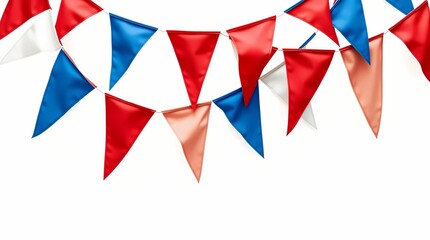 Obraz premium Colorful bunting flags in red, white, and blue hanging on a white background, festive decoration for celebrations