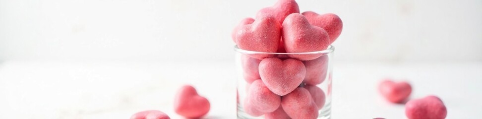Obraz premium Red heart candies in a clear glass vase against a white background, colorful treats, candies, dessert containers