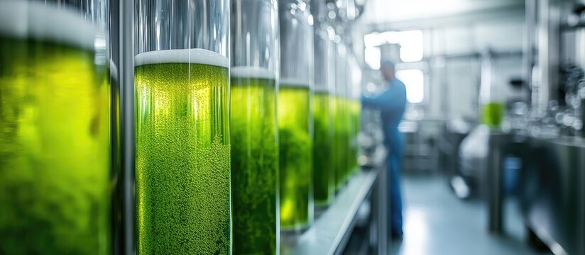 Green beer brewing process in modern stainless steel facility showcasing production and collaboration with space for promotional text.