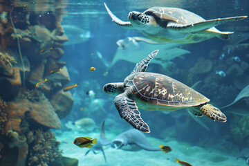 Fototapeta premium A group of sea turtles swimming gracefully alongside manta rays and other sea creatures in tranquil blue waters