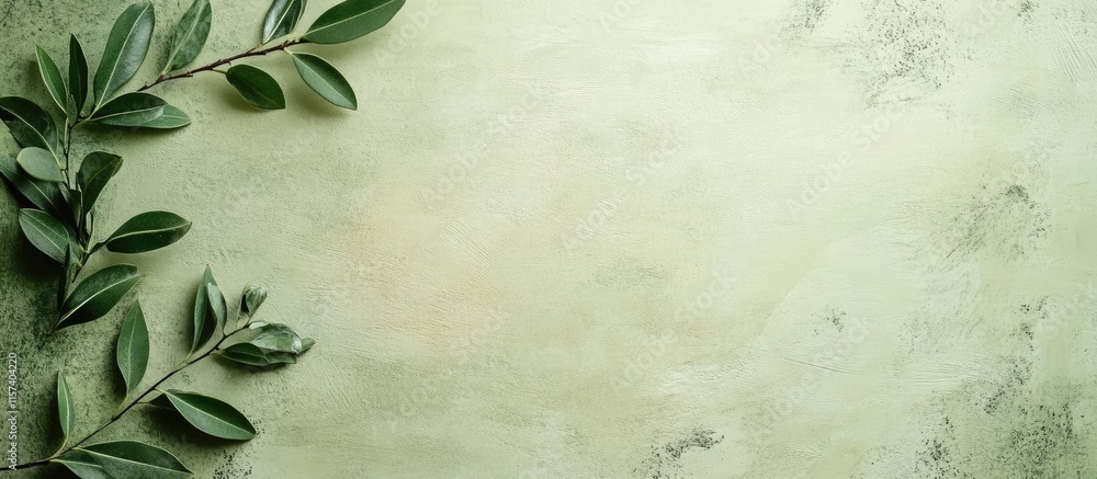 Poster green beige textured background with foliage providing empty copy space for text layout design or pr