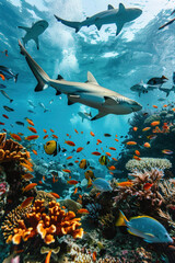 Fototapeta premium A group of sharks circling a reef ecosystem teeming with fish and coral