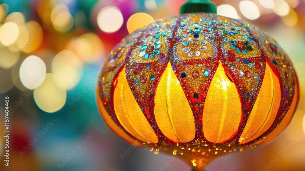 Poster colorful glittering lantern with paisley design and blurred background lights creating a festive atm