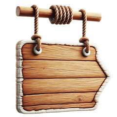 Naklejka premium Wooden sign hanging on a rope, isolated against a white background. PNG format.