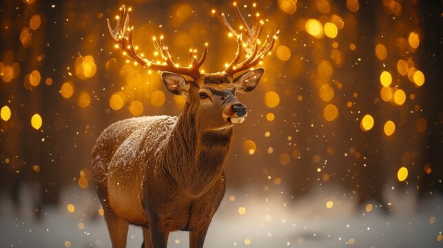 Enchanting winter deer with glowing antlers in magical forest scene