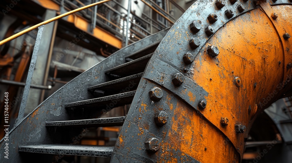Poster a close-up view of a rusty, industrial spiral staircase and a large orange pipe, showcasing textures
