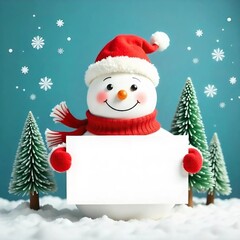 A cheerful snowman wearing a red Santa hat and holding a blank sign, surrounded by Christmas trees and snowflakes