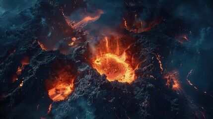 Fiery volcanic eruption spewing lava and thick ash into the sky.