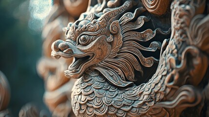 Intricate wooden dragon sculpture showcasing detailed craftsmanship and vibrant textures, representing cultural artistry.