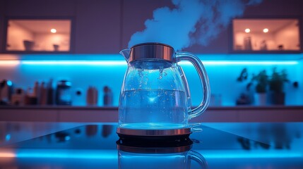 Modern kitchen with electric glass kettle boiling water