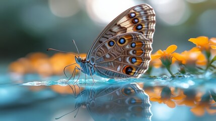 Naklejka premium Elegant butterfly resting on calm turquoise with vibrant orange flowers in tranquil scene