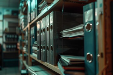 Blurred office shelves with binders and files