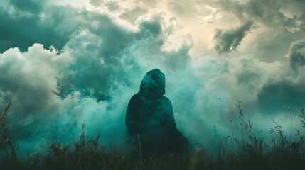 Obraz premium Mysterious Figure in Teal Smoke and Clouds
