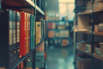 Blurred office shelves with binders and files