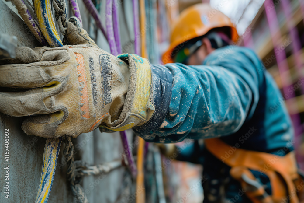Poster electrician skillfully managing wiring connections while working on site