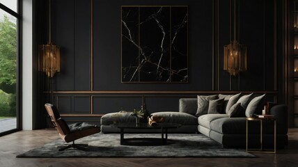 Elegant Living Room with Dark Walls and Purple Velvet Couches