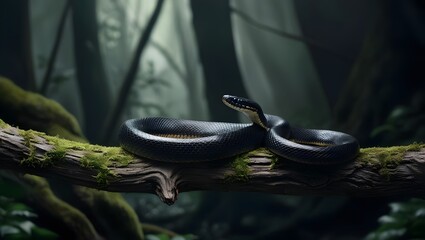 Fototapeta premium Serpentine Shadow: A black snake coils elegantly on a moss-covered branch in a dark, mysterious forest.