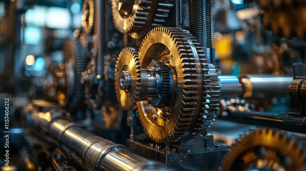Poster a close-up view of intricate gears and machinery, showcasing the complexity and beauty of mechanical