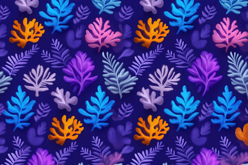 Colorful botanical pattern with various leaves and ferns on dark background