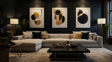 Elegant Living Room with Dark Walls and Purple Velvet Couches