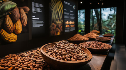  Cocoa beans in wooden bowls at a chocolate exhibition