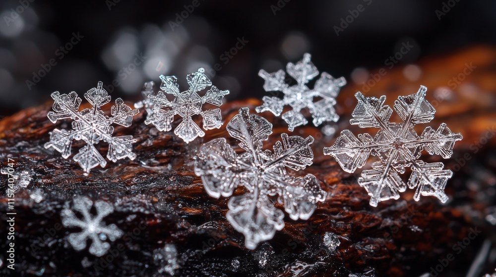 Aufkleber a close-up view of intricate snowflakes resting on a dark surface, showcasing their unique shapes an