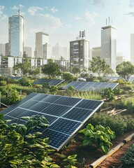 Fototapeta premium Solar panels and irrigation systems in a sustainable farm in the city , Urban Rooftop Solar Garden