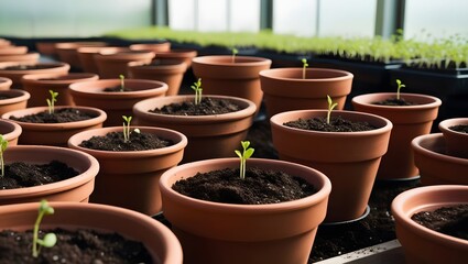 Fototapeta premium Tender sprouts emerge, promising a bountiful harvest; rows of terracotta pots nurture new life in a greenhouse.