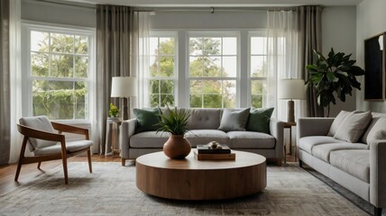 Fototapeta premium Modern Living Room with Wooden Floor and Large Windows for a Bright Ambiance